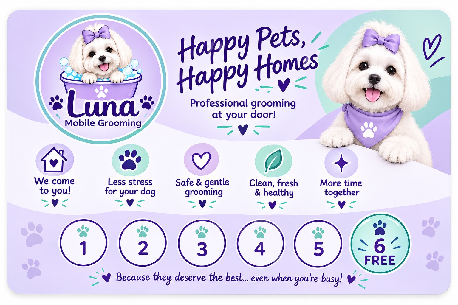 Luna Mobile Grooming loyalty card — collect 6 stamps and your 6th groom is free
