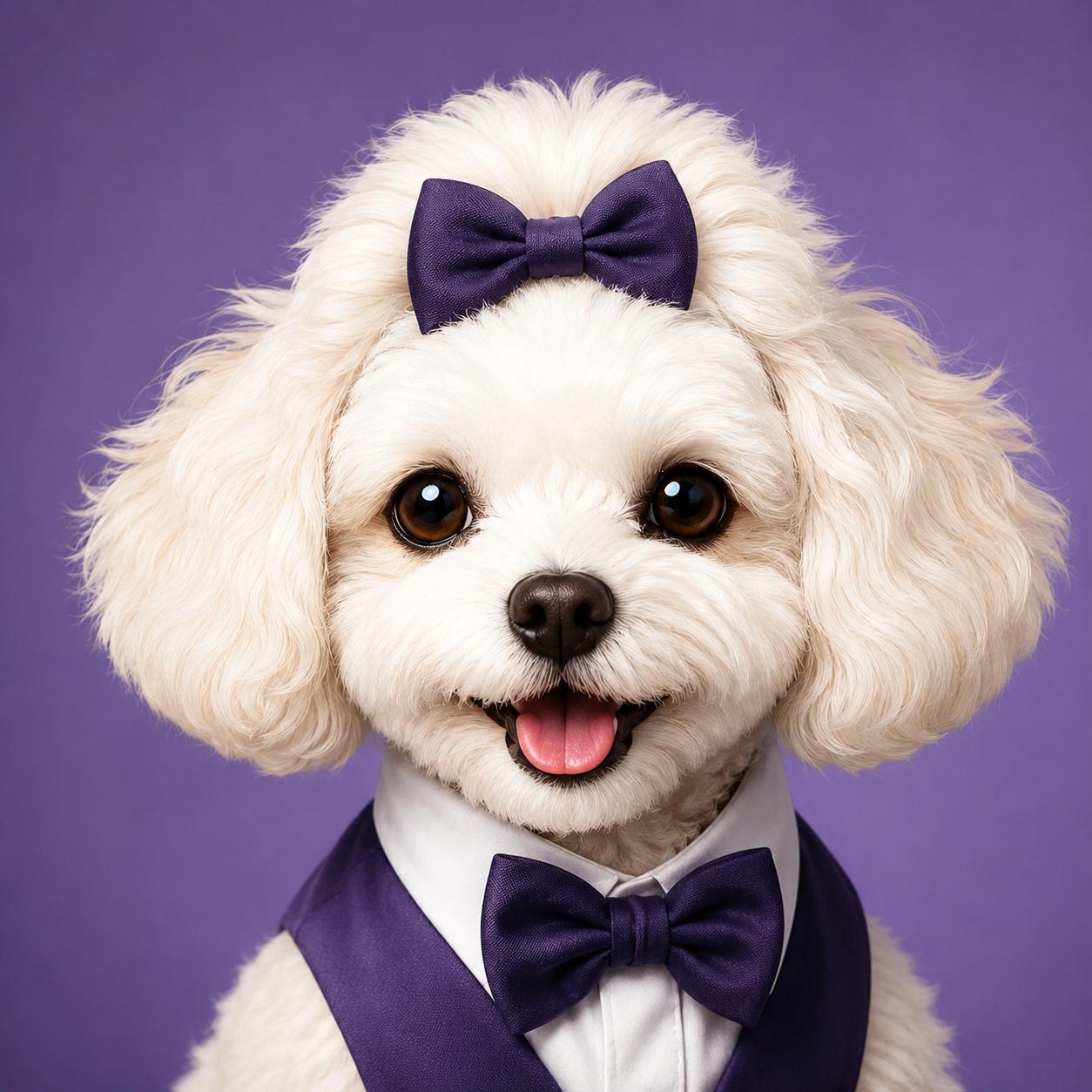 Luna, a freshly groomed white poodle wearing a purple bow tie, against a lavender background